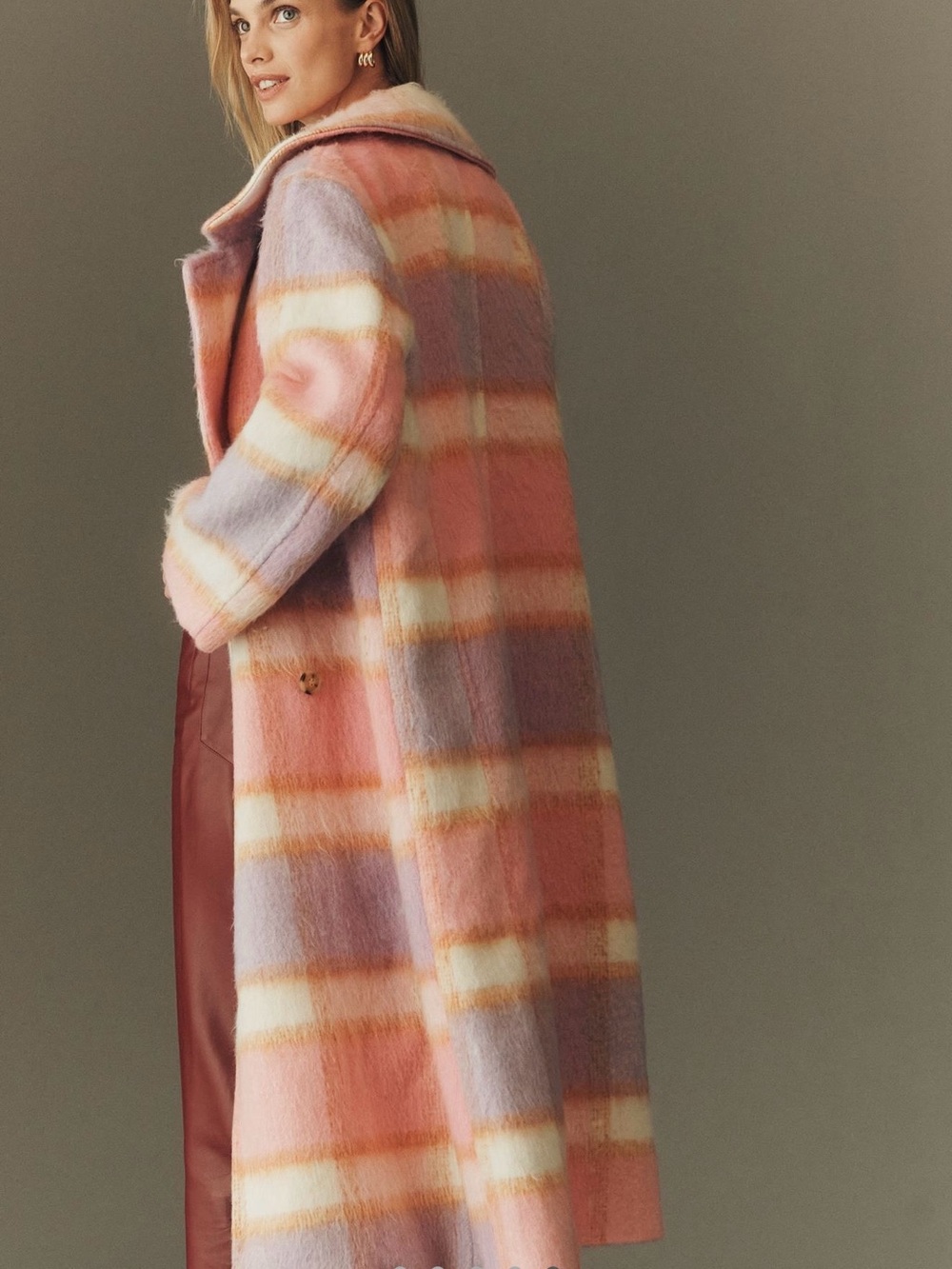 Anthropologie Maeve  Pastel Plaid Long Trench Coat in Pink, Lavender & Cream - Picture 5 of 7